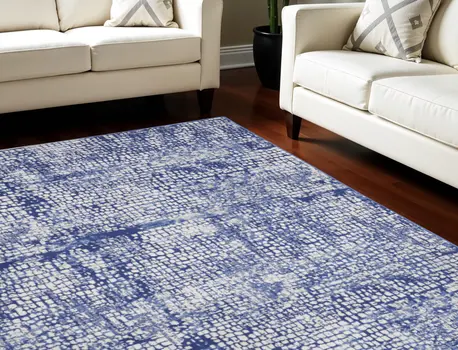 7' X 10' Ivory and Navy Blue Abstract Distressed Non Skid Area Rug