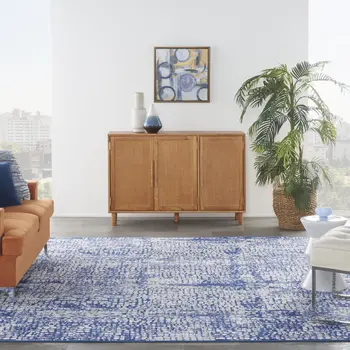 7' X 10' Ivory and Navy Blue Abstract Distressed Non Skid Area Rug