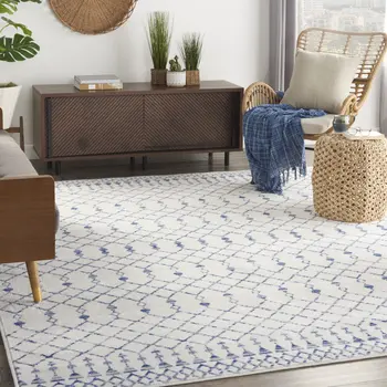 7' X 10' Ivory and Blue Geometric Distressed Non Skid Area Rug