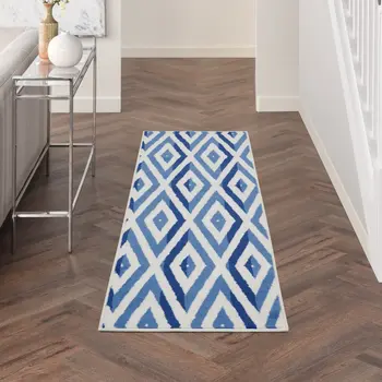 8' Ivory and Blue Geometric Distressed Non Skid Runner Rug