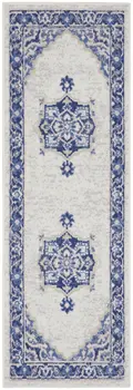 8' Ivory and Blue Floral Medallion Distressed Non Skid Runner Rug