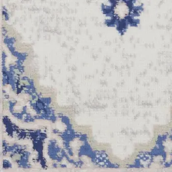 8' Ivory and Blue Floral Medallion Distressed Non Skid Runner Rug