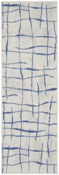 8' Ivory and Blue Abstract Distressed Non Skid Runner Rug