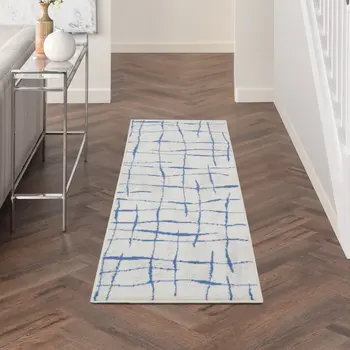 8' Ivory and Blue Abstract Distressed Non Skid Runner Rug