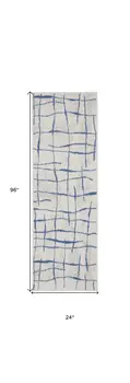 8' Ivory and Blue Abstract Distressed Non Skid Runner Rug