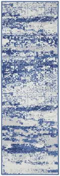 8' Ivory and Navy Blue Abstract Distressed Non Skid Runner Rug