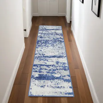 8' Ivory and Navy Blue Abstract Distressed Non Skid Runner Rug