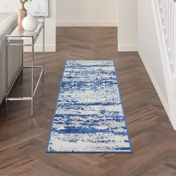 8' Ivory and Navy Blue Abstract Distressed Non Skid Runner Rug