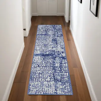 8' Ivory and Navy Blue Abstract Distressed Non Skid Runner Rug
