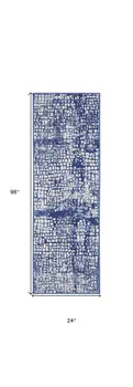8' Ivory and Navy Blue Abstract Distressed Non Skid Runner Rug