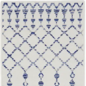 8' Ivory and Blue Geometric Distressed Non Skid Runner Rug
