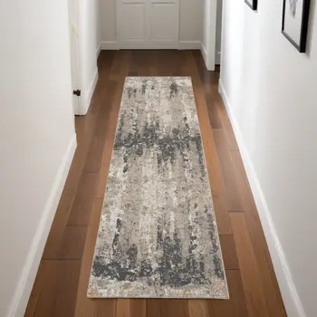 8' Cream Black and Gray Abstract Runner Rug