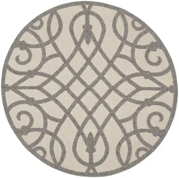 8' Cream And Gray Round Trellis Indoor Outdoor Area Rug