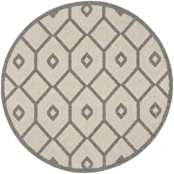 8' Cream And Gray Round Geometric Indoor Outdoor Area Rug