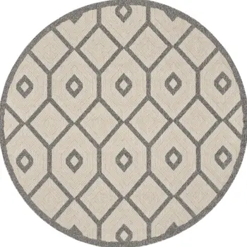 8' Cream And Gray Round Geometric Indoor Outdoor Area Rug