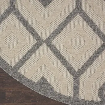 8' Cream And Gray Round Geometric Indoor Outdoor Area Rug