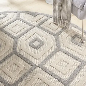 8' Cream And Gray Round Geometric Indoor Outdoor Area Rug