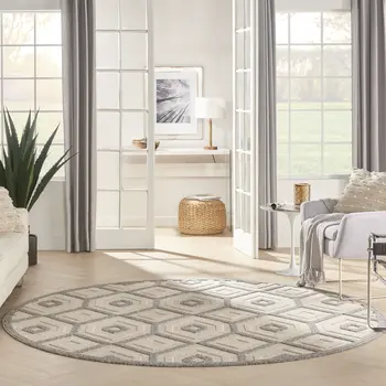8' Cream And Gray Round Geometric Indoor Outdoor Area Rug