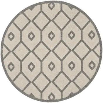 8' Cream And Gray Round Geometric Indoor Outdoor Area Rug
