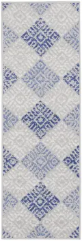 8' Beige Blue and Gray Geometric Distressed Non Skid Runner Rug