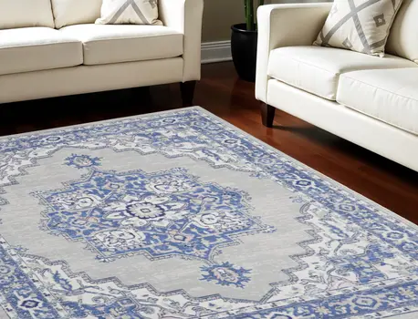 7' X 10' Ivory Blue and Gray Floral Medallion Distressed Non Skid Area Rug