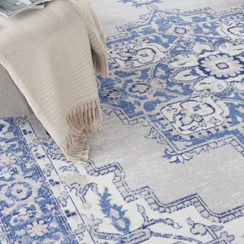 7' X 10' Ivory Blue and Gray Floral Medallion Distressed Non Skid Area Rug