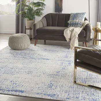 7' X 10' Ivory Blue and Gray Abstract Distressed Non Skid Area Rug
