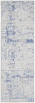 8' Ivory Blue and Gray Abstract Distressed Non Skid Runner Rug