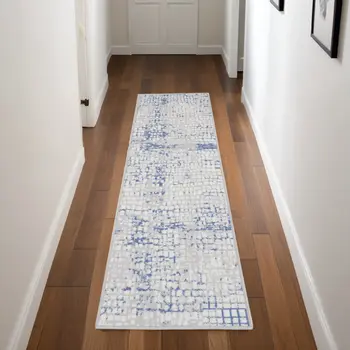8' Ivory Blue and Gray Abstract Distressed Non Skid Runner Rug