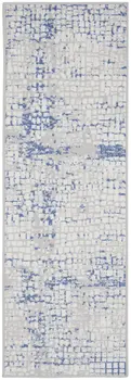 8' Ivory Blue and Gray Abstract Distressed Non Skid Runner Rug