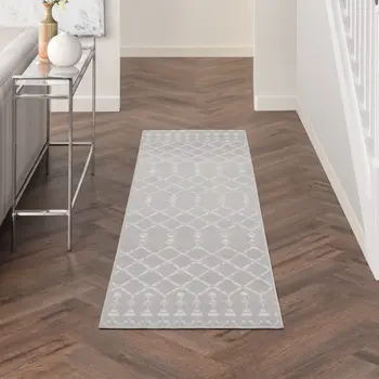 8' Gray and Ivory Moroccan Distressed Non Skid Runner Rug
