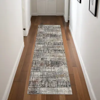 8' Cream Black and Gray Abstract Runner Rug