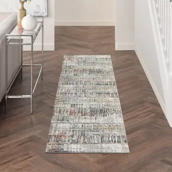 8' Cream Black and Gray Abstract Runner Rug