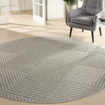 8' Light Gray And Gray Round Geometric Indoor Outdoor Area Rug