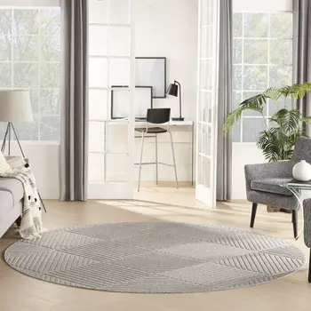8' Light Gray And Gray Round Geometric Indoor Outdoor Area Rug