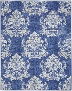 7' X 10' Navy Blue and Ivory Damask Distressed Non Skid Area Rug