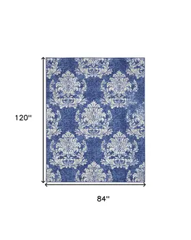 7' X 10' Navy Blue and Ivory Damask Distressed Non Skid Area Rug