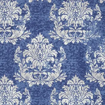 7' X 10' Navy Blue and Ivory Damask Distressed Non Skid Area Rug
