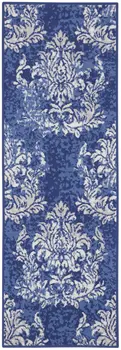 8' Navy Blue and Ivory Damask Distressed Non Skid Runner Rug