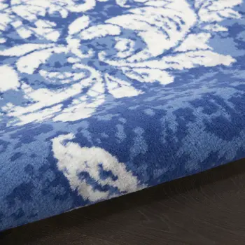 8' Navy Blue and Ivory Damask Distressed Non Skid Runner Rug