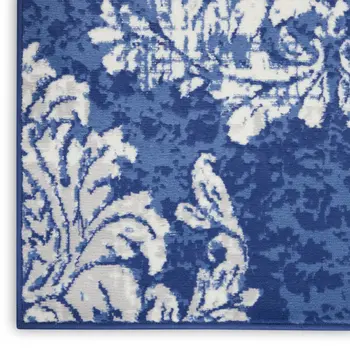 8' Navy Blue and Ivory Damask Distressed Non Skid Runner Rug