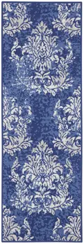 8' Navy Blue and Ivory Damask Distressed Non Skid Runner Rug