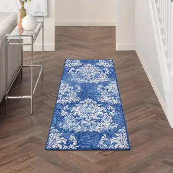 8' Navy Blue and Ivory Damask Distressed Non Skid Runner Rug