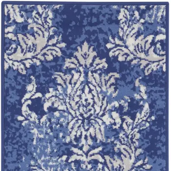 8' Navy Blue and Ivory Damask Distressed Non Skid Runner Rug