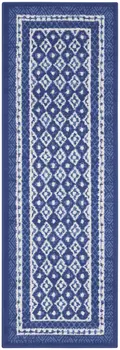 8' Ivory and Navy Blue Geometric Distressed Non Skid Runner Rug
