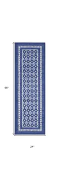 8' Ivory and Navy Blue Geometric Distressed Non Skid Runner Rug