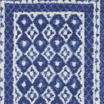 8' Ivory and Navy Blue Geometric Distressed Non Skid Runner Rug