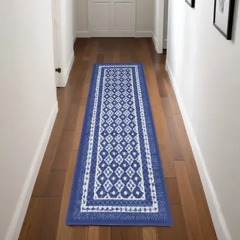 8' Ivory and Navy Blue Geometric Distressed Non Skid Runner Rug