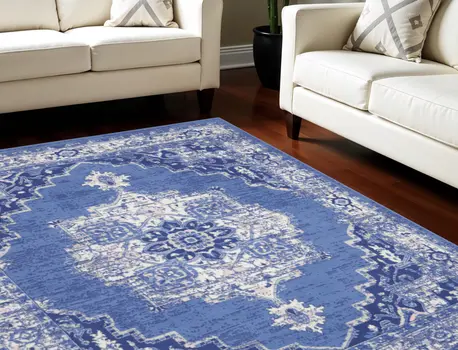 7' X 10' Ivory Navy Blue and Beige Floral Medallion Distressed Non Skid Area Rug