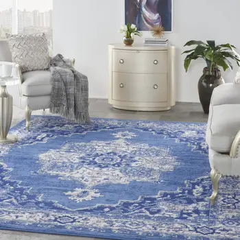 7' X 10' Ivory Navy Blue and Beige Floral Medallion Distressed Non Skid Area Rug